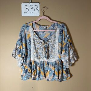 American Eagle Patchwork Floral Lace Peasant Top Blue Yellow Large
